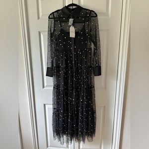 Joaquin Embroidered Mesh Tiered Maxi Dress - Black - XS